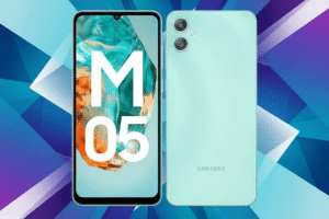 Samsung Galaxy M05 smartphone with 6.6-inch HD+ display, MediaTek Helio processor, Android 14, dual 13MP rear cameras, 5000mAh battery, fast charging, and 4G connectivity.