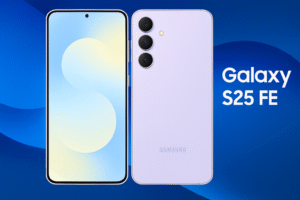 Samsung Galaxy S25 FE smartphone with 6.5-inch Dynamic AMOLED 120Hz display, Snapdragon 8 Gen 3 / Exynos 2400 processor, Android 15, triple 50MP rear cameras, 4800mAh battery, fast + wireless charging, and 5G connectivity.