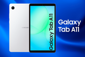 Samsung Galaxy Tab A11 tablet with 8.7-inch TFT LCD display, Android 14, Snapdragon processor, 4GB/6GB RAM, 64GB/128GB storage, microSD support, 8MP rear camera, 5MP front camera, 5100mAh battery, and slim lightweight design.