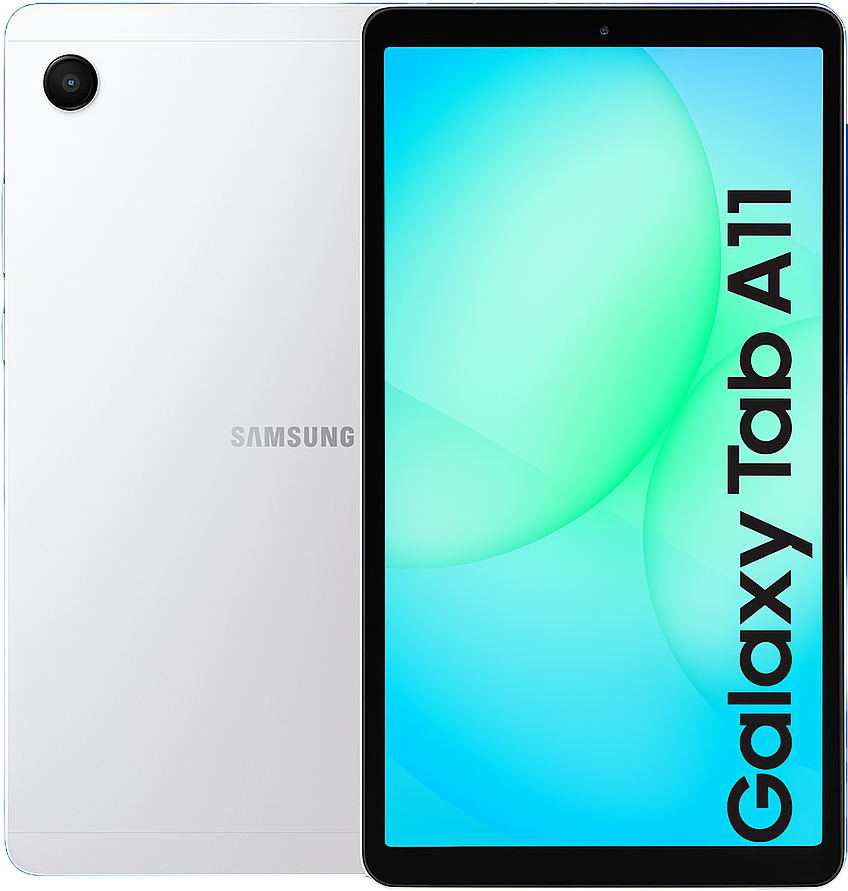 Samsung Galaxy Tab A11 tablet with 8.7-inch TFT LCD display, Android 14, Snapdragon processor, 4GB/6GB RAM, 64GB/128GB storage, microSD support, 8MP rear camera, 5MP front camera, 5100mAh battery, and slim lightweight design.