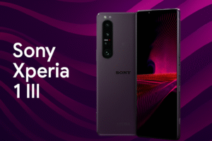 Sony Xperia 1 III smartphone with 6.5-inch 4K HDR OLED 120Hz display, Snapdragon 888 5G processor, Android 11, triple 12MP ZEISS cameras with variable telephoto lens, 4500mAh battery, fast + wireless charging, and 5G connectivity.