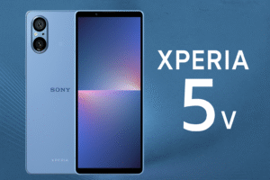 Sony Xperia 5 V smartphone with 6.1-inch FHD+ OLED display, Snapdragon 8 Gen 2 processor, Android 14, dual 48MP ZEISS cameras, 5000mAh battery, fast charging, and 5G connectivity.
