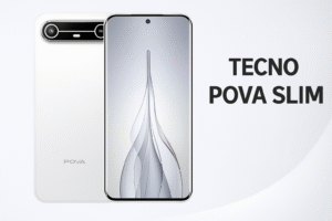 Tecno Pova Slim smartphone with 6.8-inch AMOLED 120Hz display, MediaTek Helio processor, Android 15, 8GB RAM, 256GB storage, 64MP dual rear camera, 16MP selfie camera, 6000mAh battery with 45W fast charging, and slim stylish 4G design.