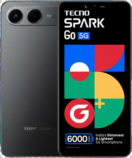 Tecno Spark Go smartphone with 6.6-inch HD+ display, MediaTek/Unisoc processor, Android 14, dual 13MP rear cameras, 5000mAh battery, fast charging, and 4G connectivity.