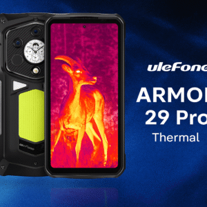 The Ulefone Armor 29 Pro Thermal tough smartphone features a FLIR Lepton thermal imaging camera, a 6.58-inch FHD+ display, a MediaTek Helio G99 processor, a 108MP main camera, a 120Hz refresh rate, a 9600mAh battery, 66W rapid charging, and 5G connection.