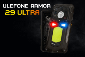 Ulefone Armor 29 Ultra rugged smartphone with 6.67-inch AMOLED display, secondary rear screen, MediaTek Dimensity 9300+ processor, Android 15, 16GB RAM, 1TB storage, 64MP night vision + 50MP triple cameras, 21,200mAh battery with 120W fast charging, 1000-lumen camping light, and IP68/IP69K durability.