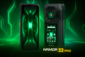 Ulefone Armor 33 Pro is a rugged smartphone with a 6.95-inch FHD+ 120Hz AMOLED display, a secondary 3.4-inch rear screen, a MediaTek Dimensity 7300 processor, Android 15, 50MP wide + 64MP night vision + 50MP ultrawide triple rear cameras, a 32MP front camera, a 25,500mAh battery, 66W fast charging, and an IP68/IP69K waterproof/durable design.