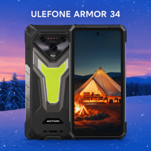 Ulefone Armor 34 rugged smartphone with 6.78-inch FHD+ AMOLED 120Hz display, MediaTek Dimensity 8020 processor, Android 15, 16GB RAM, 512GB storage, 200MP OIS main camera + 64MP night vision + 50MP ultrawide, 32MP front camera, 15,000mAh battery with 120W fast charging, side fingerprint sensor, and IP68/IP69K MIL-STD-810H durability.
