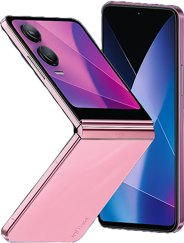 Infinix Zero Flip Foldable smartphone with 6.8-inch Amoled main Display, secondary cover screen, Media Tek Processor, android 14, 64MP dual Camera, 4500mAh Battery, and 5G Connectivity.