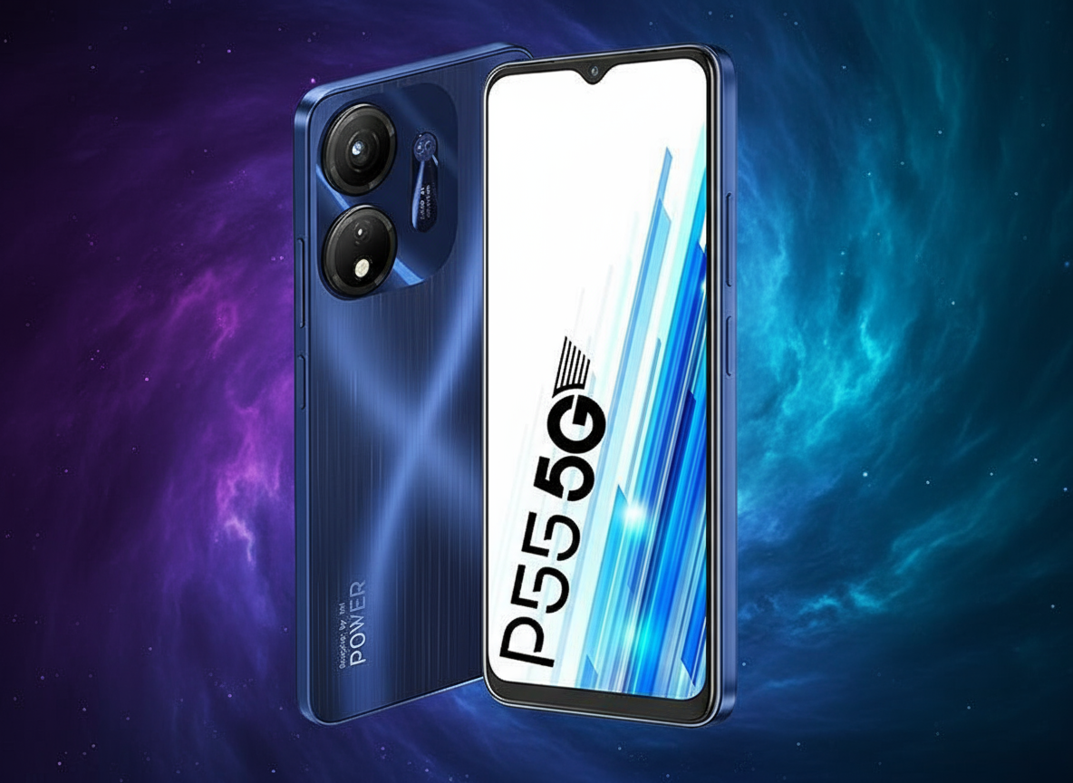 itel P55 5G smartphone with 6.6-inch HD+ display, MediaTek Dimensity processor, Android 14, 50MP dual rear cameras, 5000mAh battery, 18W fast charging, and 5G connectivity.