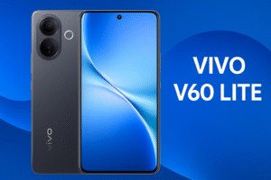 vivo V60 Lite smartphone with 6.67-inch AMOLED 120Hz display, Snapdragon processor, Android 15, 8GB RAM, 256GB storage, 64MP triple rear camera, 16MP selfie camera, 5000mAh battery with 44W fast charging, and slim lightweight 5G design.
