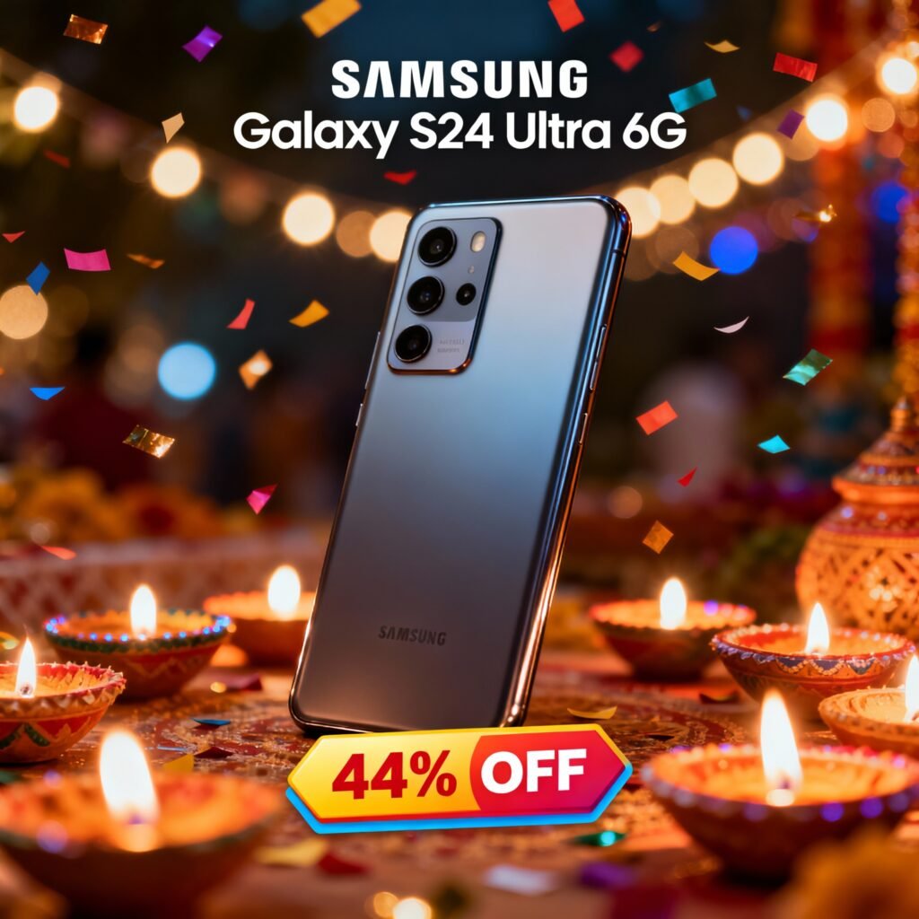 Amazon Sale Samsung Galaxy S24 Ultra 5G smartphone on Amazon Diwali sale banner showing 44% discount.