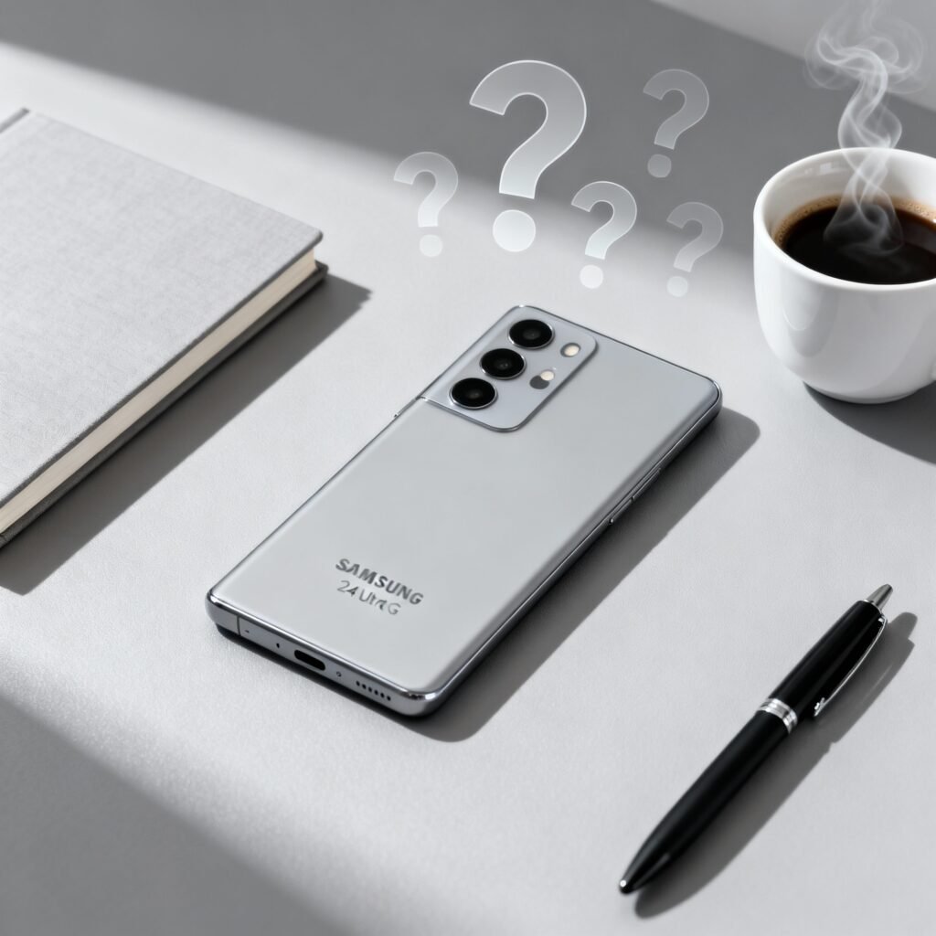 Samsung Galaxy S24 Ultra 5G flat lay with question mark icons above.