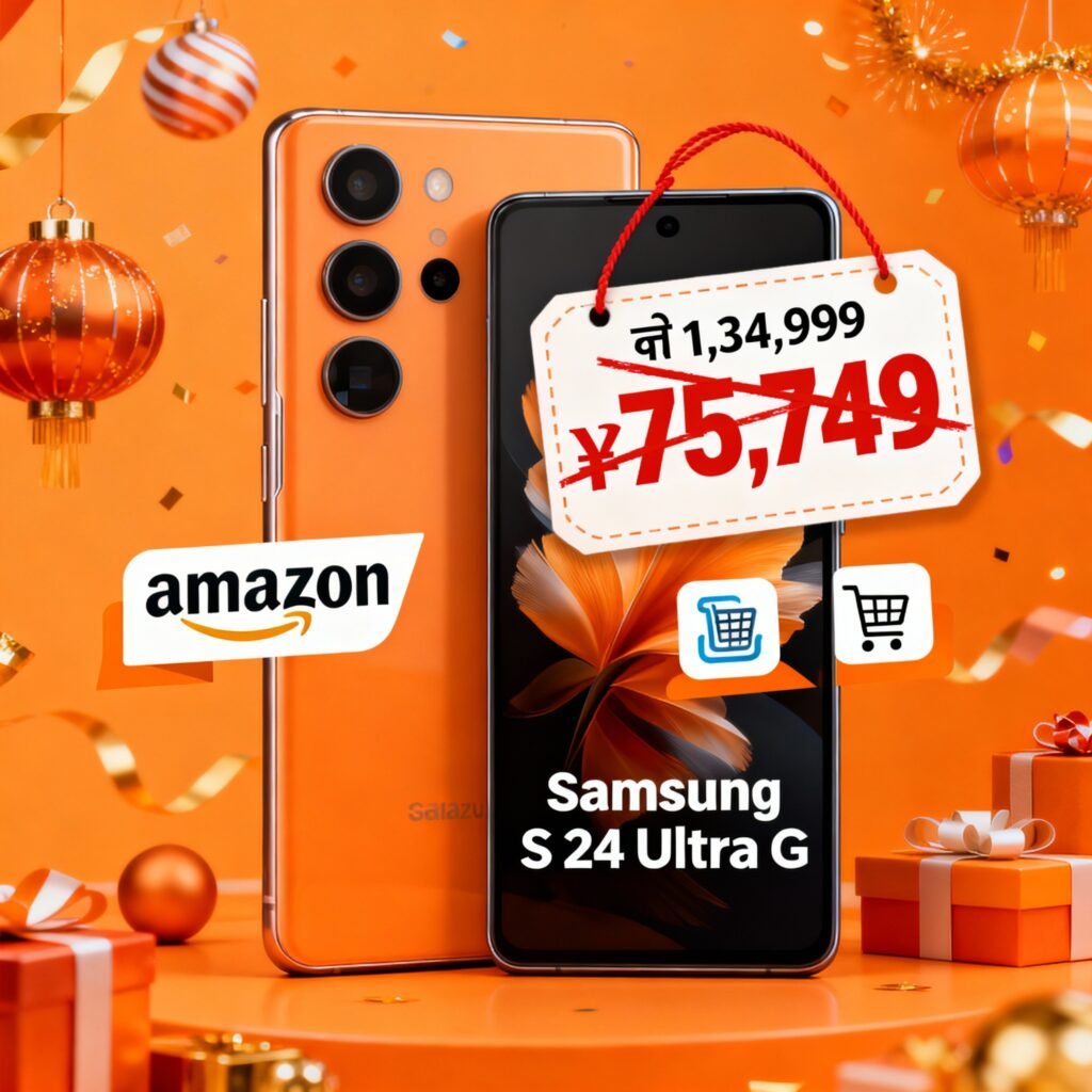 Samsung Galaxy S24 Ultra 5G showing slashed price ₹1,34,999 to ₹75,749 during Amazon sale.