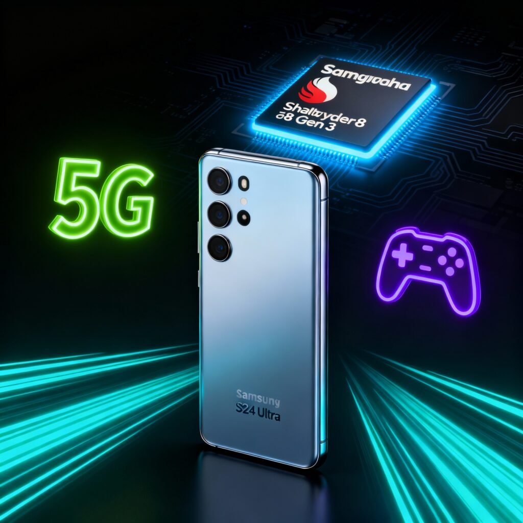 Samsung Galaxy S24 Ultra 5G with Snapdragon 8 Gen 3 processor and 5G performance icons.