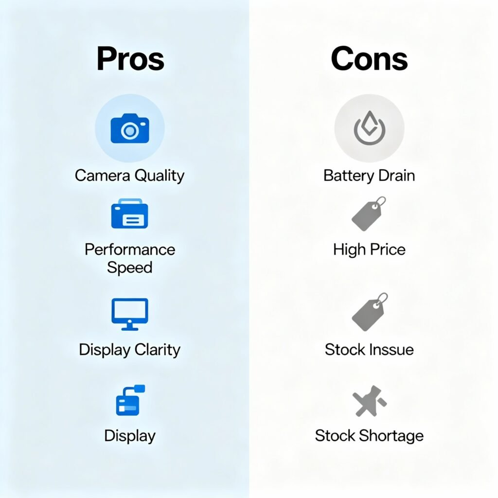 Infographic showing pros and cons of Samsung Galaxy S24 Ultra 5G smartphone.
