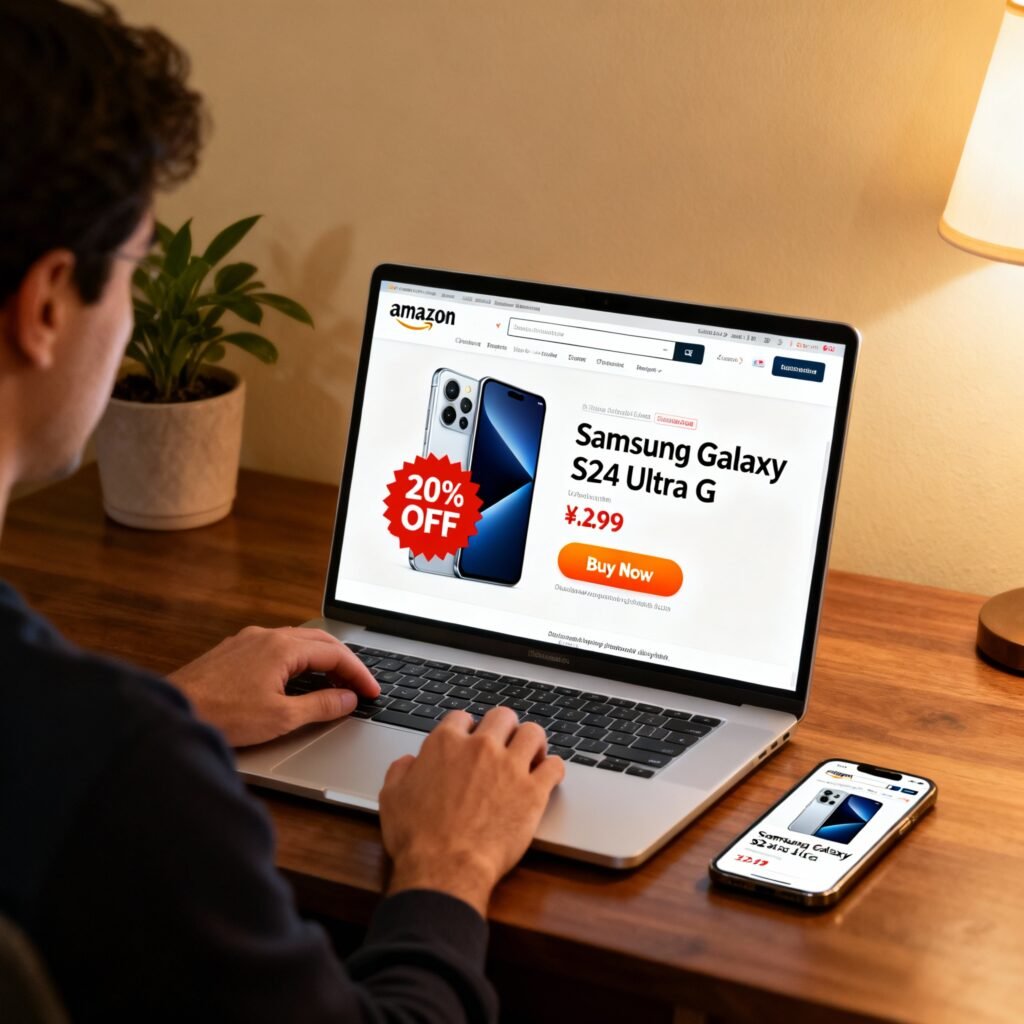 Person buying Samsung Galaxy S24 Ultra 5G on Amazon website using laptop.