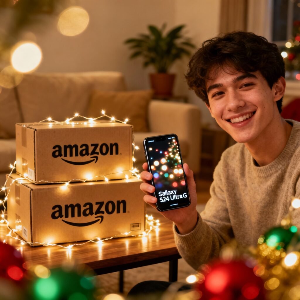 Happy user holding Samsung Galaxy S24 Ultra 5G with festive Amazon boxes in background.