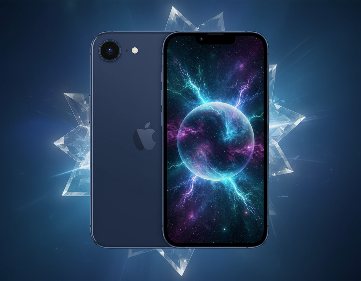 Apple iPhone 16e smartphone with 6.1-inch Super Retina XDR OLED display, A17 Pro chip, iOS 18, 48MP main camera, 12MP front camera, and 5G connectivity.