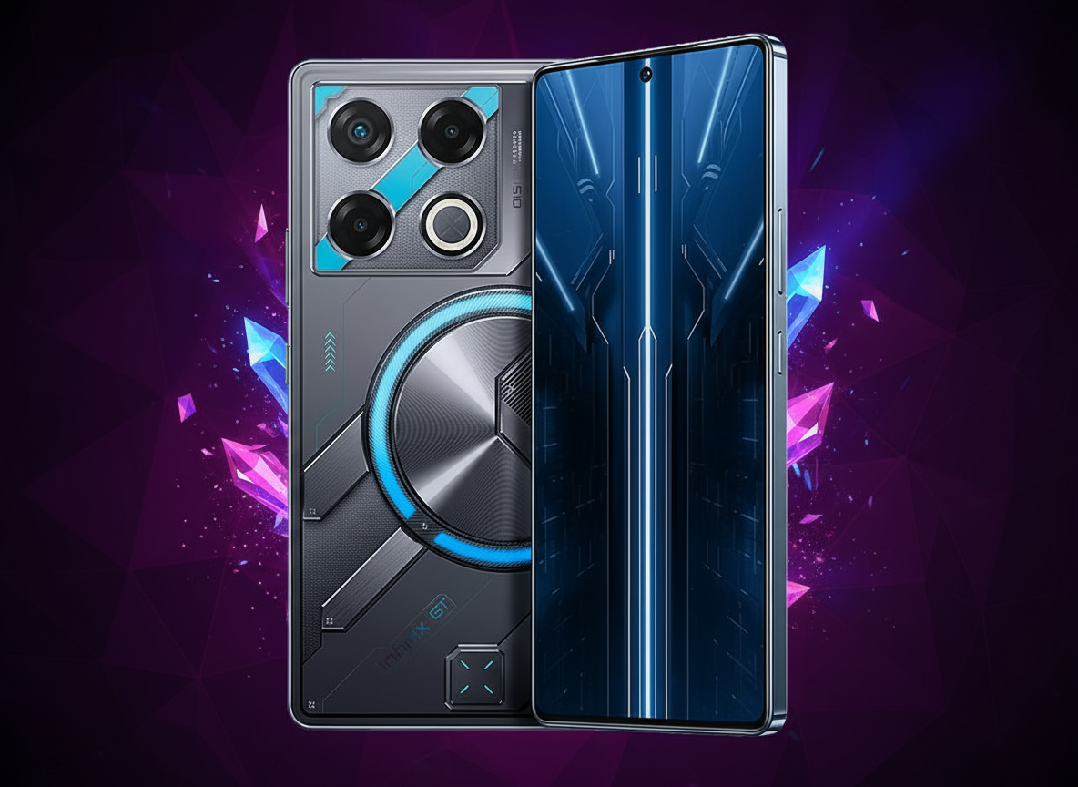 Infinix GT 20 Pro gaming smartphone with 6.78-inch FHD+ AMOLED 144Hz display, MediaTek Dimensity 8200 Ultimate processor, 108MP triple camera, 5000mAh battery, and 45W fast charging.