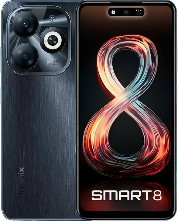 Infinix Smart 8 India variant with 6.6-inch HD+ display, Unisoc T606 processor, Android 14, 50MP AI camera, side fingerprint sensor, and 5000mAh battery with Type-C charging.