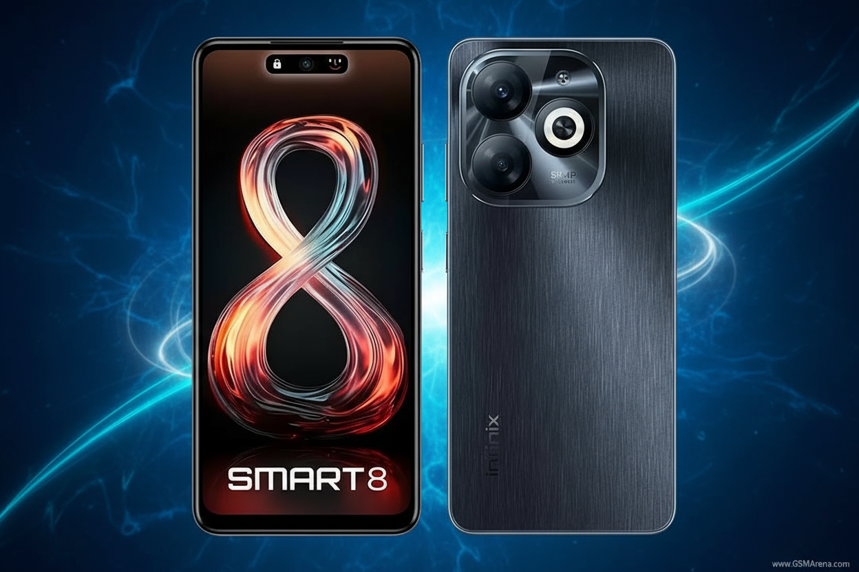 Infinix Smart 8 India variant with 6.6-inch HD+ display, Unisoc T606 processor, Android 14, 50MP AI camera, side fingerprint sensor, and 5000mAh battery with Type-C charging.