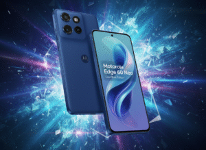 Motorola Edge 60 Neo smartphone with 6.7-inch pOLED display, MediaTek Dimensity 7300 processor, Android 14, 50MP dual rear cameras, 5000mAh battery, 68W fast charging, and 5G connectivity.