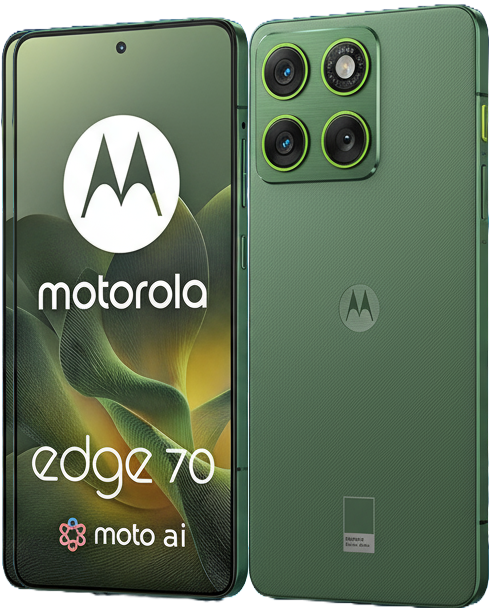 Motorola Edge 70 smartphone with 6.7-inch pOLED 144Hz display, Snapdragon 7 Gen 3 processor, Android 14, 50MP OIS dual camera, 32MP selfie camera, and 5000mAh battery with 68W fast charging.