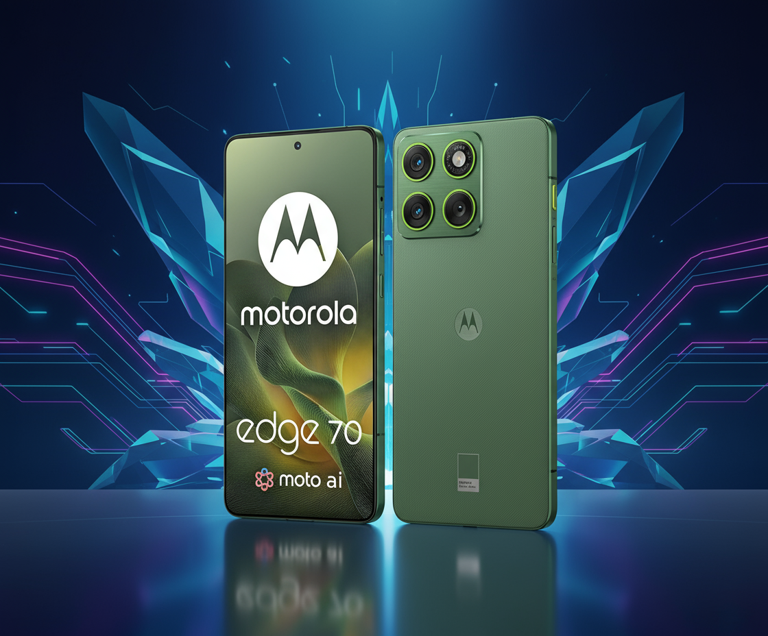 Motorola Edge 70 smartphone with 6.7-inch pOLED 144Hz display, Snapdragon 7 Gen 3 processor, Android 14, 50MP OIS dual camera, 32MP selfie camera, and 5000mAh battery with 68W fast charging.