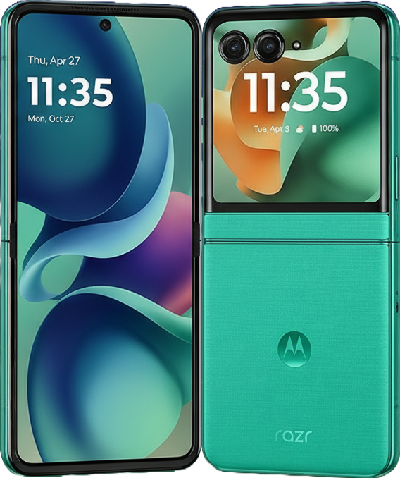 Motorola Razr 2025 foldable smartphone with 6.9-inch OLED display, Snapdragon 8 Gen 3 processor, dual 50MP cameras, 32MP front camera, and 4200mAh battery.