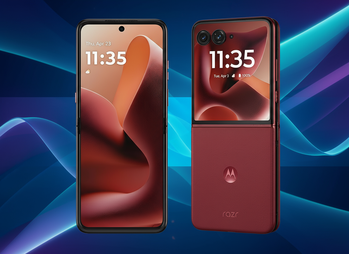 Motorola Razr 60 Ultra foldable smartphone with 6.9-inch pOLED 165Hz main display, 3.6-inch cover screen, Snapdragon 8 Gen 3 processor, 50MP dual camera, 32MP selfie camera, and 4500mAh battery with 68W fast charging.