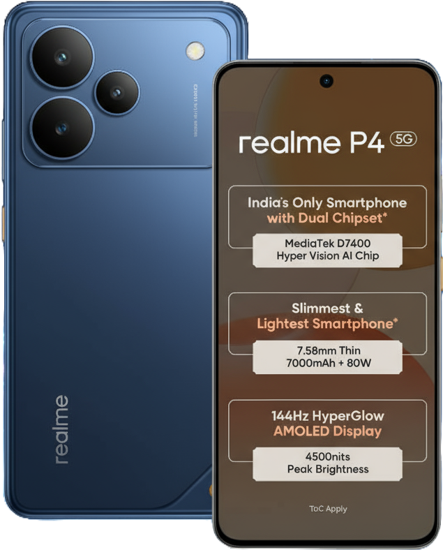Realme P4 smartphone with 6.7-inch AMOLED display, MediaTek Dimensity processor, Android 15, 64MP triple rear cameras, 5000mAh battery, 67W fast charging, and 5G connectivity.