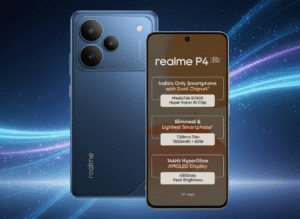 Realme P4 smartphone with 6.7-inch AMOLED display, MediaTek Dimensity processor, Android 15, 64MP triple rear cameras, 5000mAh battery, 67W fast charging, and 5G connectivity.