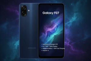 Samsung Galaxy F07 smartphone with 6.6-inch HD+ display, MediaTek Helio processor, Android 14, dual 13MP rear cameras, 5000mAh battery, fast charging, and 4G connectivity.