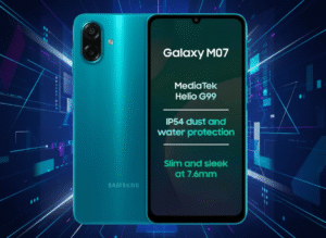 Samsung Galaxy M07 smartphone with 6.6-inch HD+ display, MediaTek Helio processor, Android 14, dual 13MP rear cameras, 5000mAh battery, fast charging, and 4G connectivity.