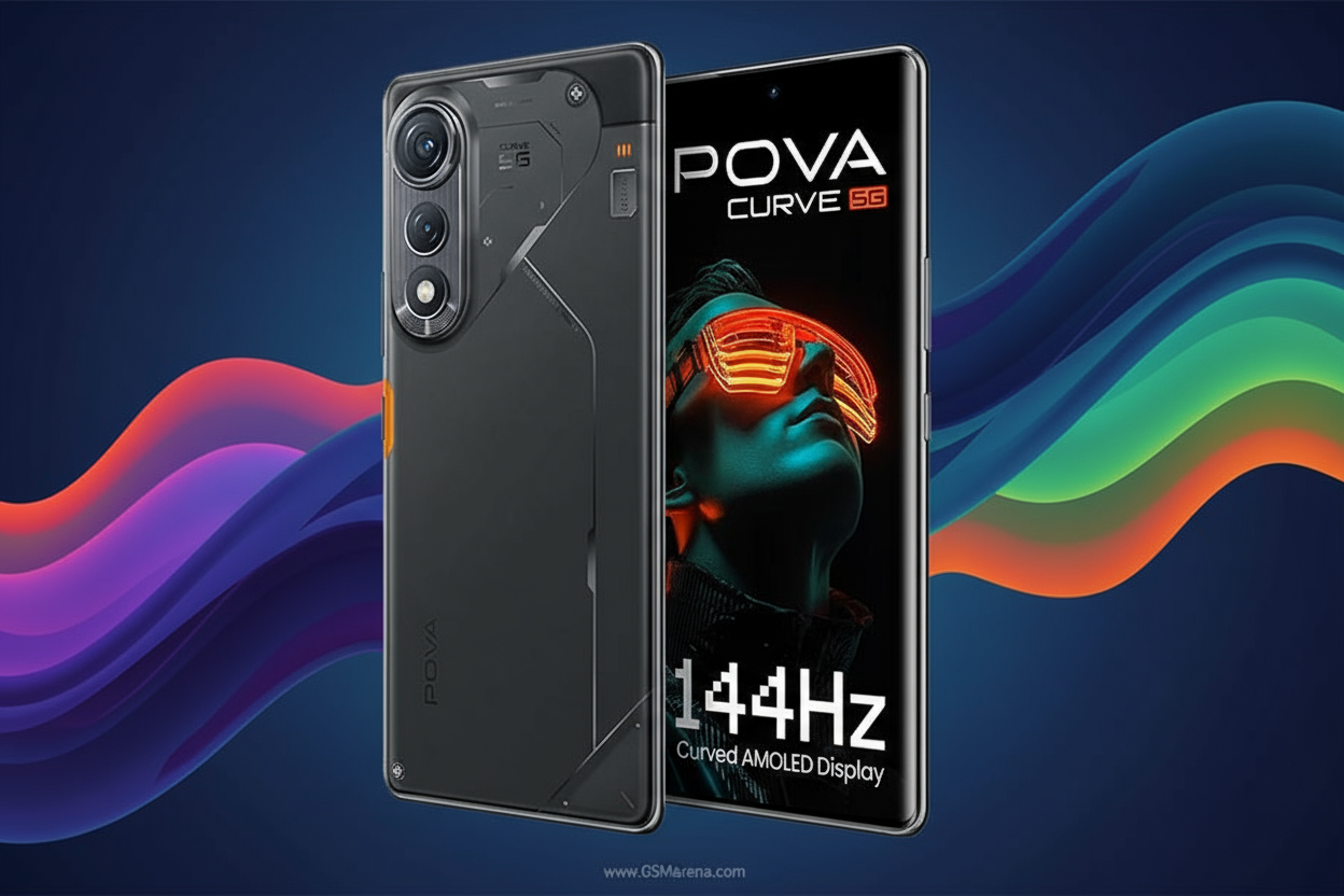 Tecno Pova Curve smartphone with 6.8-inch curved AMOLED display, MediaTek Dimensity processor, Android 15, 64MP triple rear cameras, 5000mAh battery, 66W fast charging, and 5G connectivity.