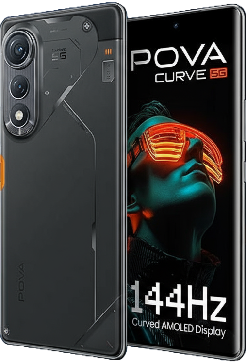Tecno Pova Curve smartphone with 6.8-inch curved AMOLED display, MediaTek Dimensity processor, Android 15, 64MP triple rear cameras, 5000mAh battery, 66W fast charging, and 5G connectivity.