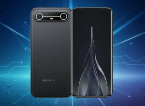 Tecno Spark Slim smartphone with 6.7-inch AMOLED display, slim design, MediaTek processor, Android 15, 50MP dual cameras, 5000mAh battery, fast charging, and 5G connectivity.