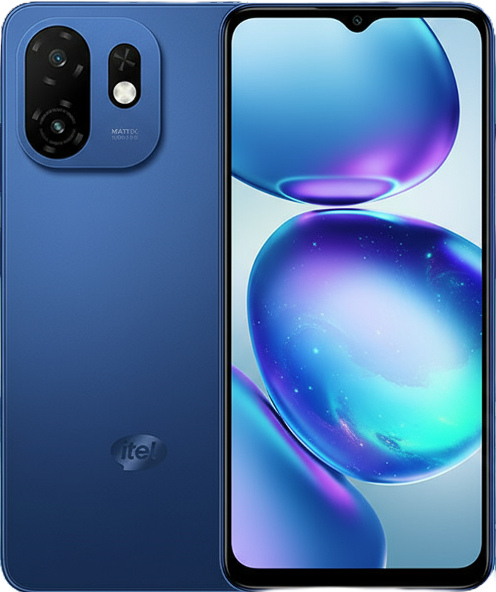 itel A100C smartphone with 6.6-inch HD+ display, Unisoc processor, Android 14, dual 13MP rear cameras, 5000mAh battery, 18W fast charging, and 4G connectivity.