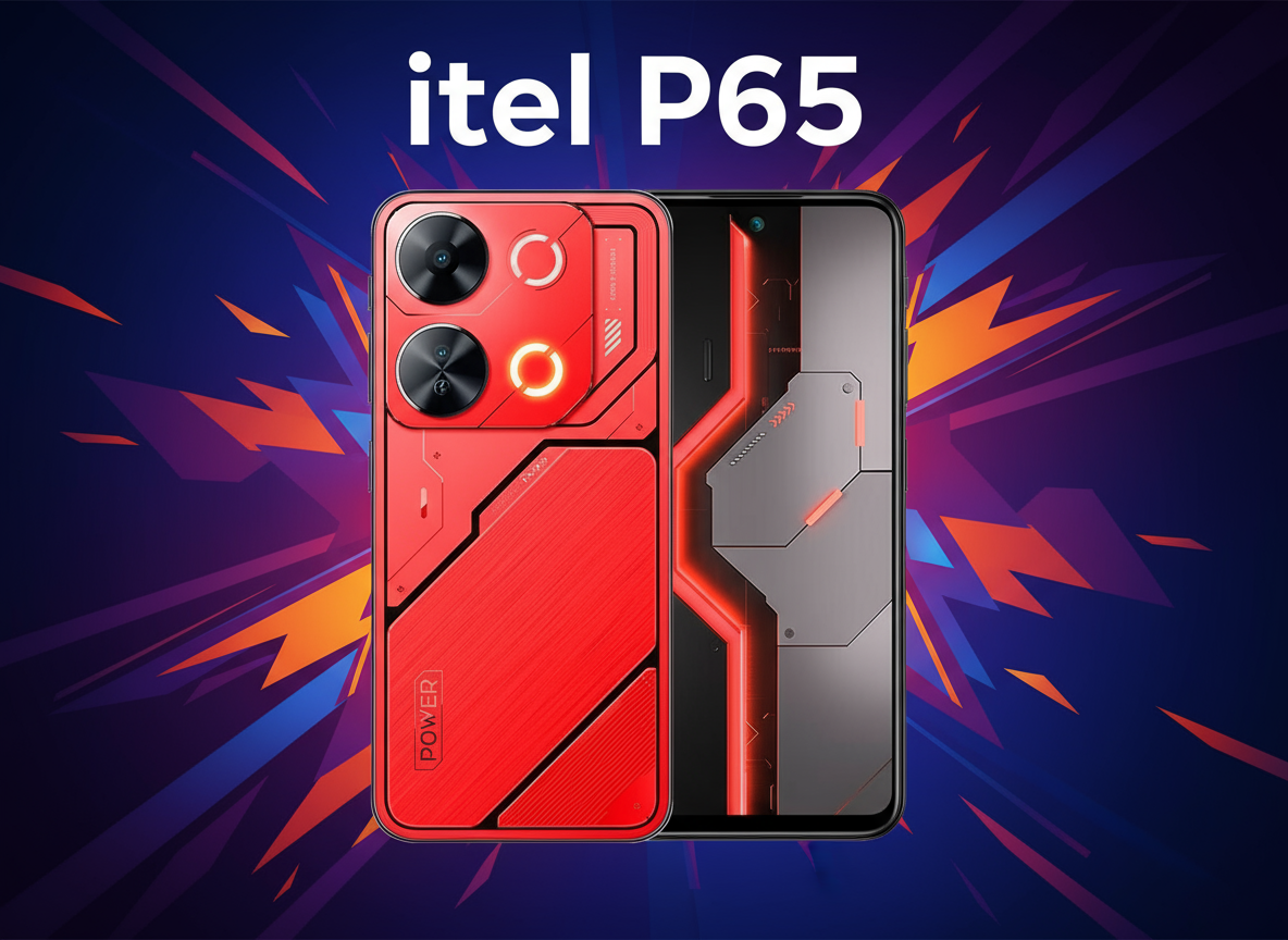 itel P65 smartphone with 6.6-inch HD+ display, Unisoc T606 processor, Android 14, 50MP AI dual rear camera, 8MP selfie camera, and 5000mAh battery with Type-C fast charging.