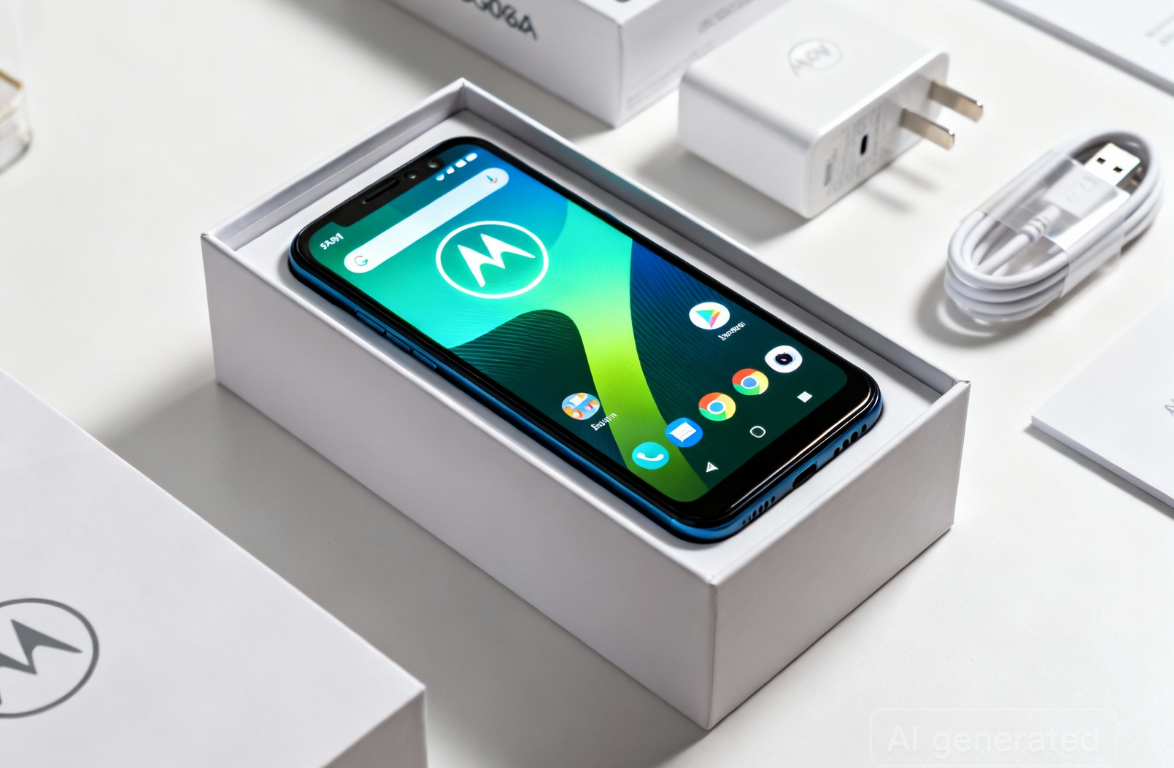 Motorola Moto G06 smartphone with 6.6-inch HD+ display, Unisoc T606 processor, 6GB RAM, 128GB storage, 50MP dual AI camera, and 5000mAh battery with 18W fast charging.