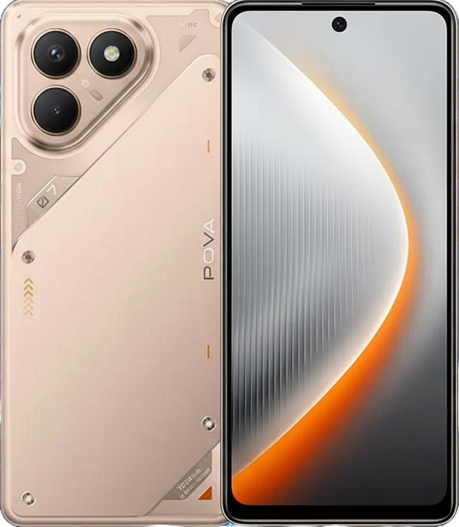 Tecno Pova 7 4G smartphone with 6.8-inch FHD+ display, MediaTek Helio G99 processor, 8GB RAM, 256GB storage, 64MP AI dual camera, and 6000mAh battery with 45W fast charging.