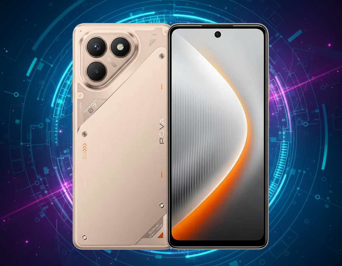 Tecno Pova 7 4G smartphone with 6.8-inch FHD+ display, MediaTek Helio G99 processor, 8GB RAM, 256GB storage, 64MP AI dual camera, and 6000mAh battery with 45W fast charging.