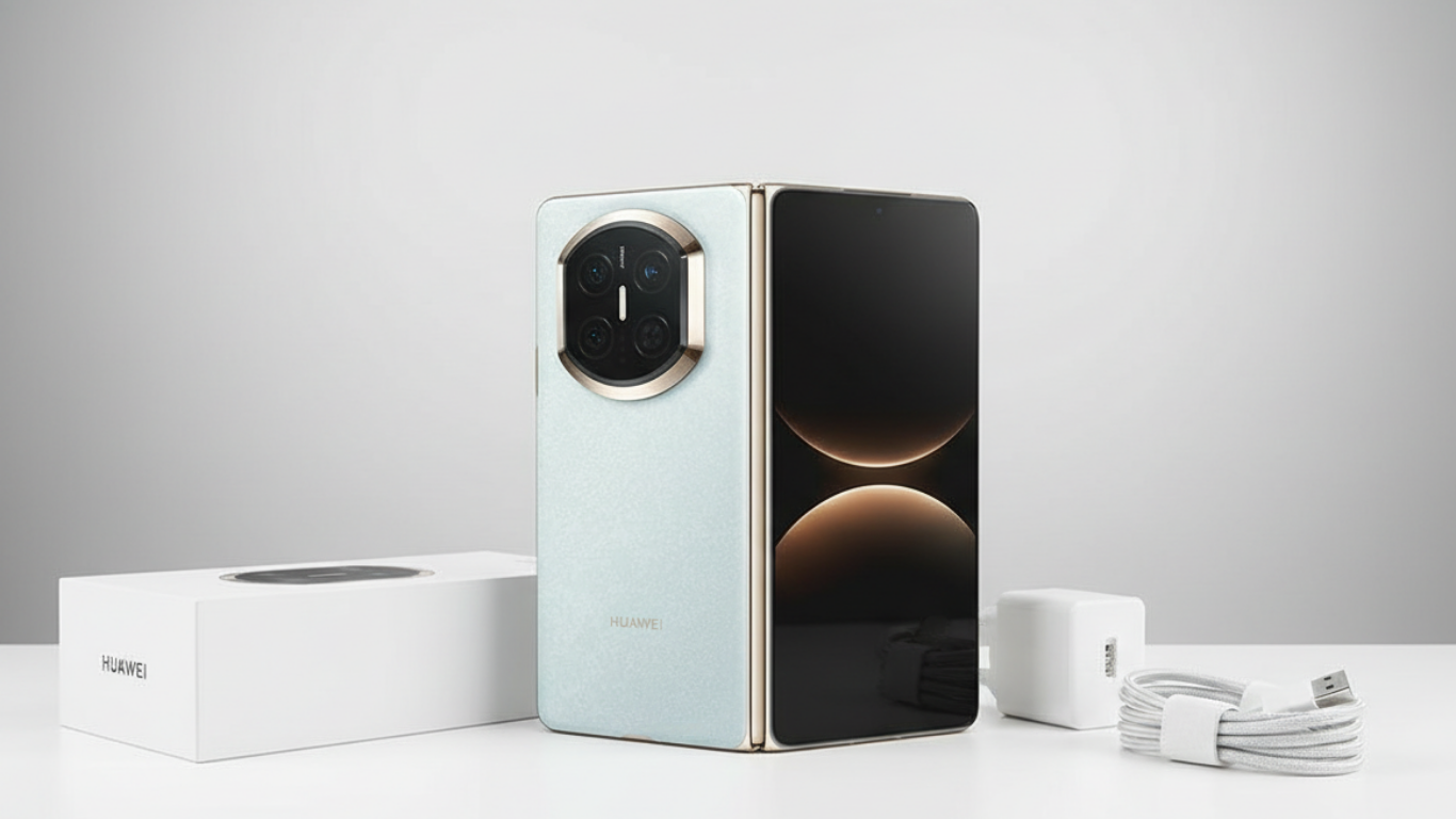 Huawei Mata X7 foldable smartphone with large OLED main display, secondary cover screen, Kirin flagship processor, Leica triple camera, and 5000mAh battery with fast charging.
